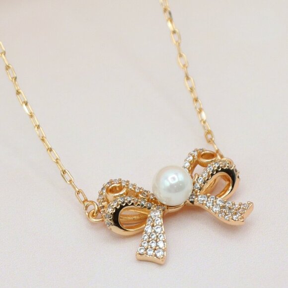 Rose Gold Bow Pendant Necklace with Pearl and Crystals , XPNL0171 - Picture 1 of 13